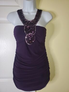 💜Y2K Mandee Purple Ruched Sequin Halter Bodycon Top | Medium